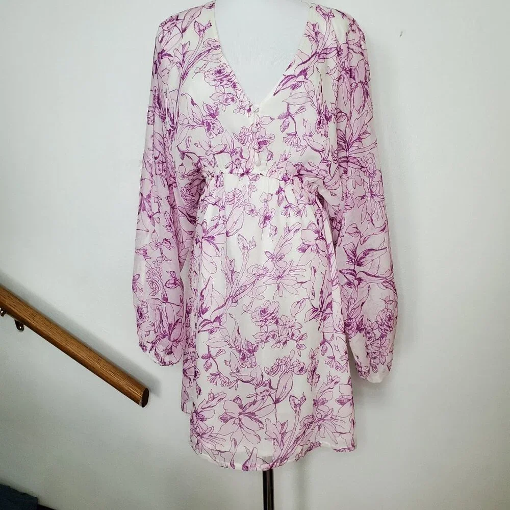 Women's Balloon Long Sleeve Mini Dress A New Day  Cream Purple Floral  XL - Picture 2 of 8